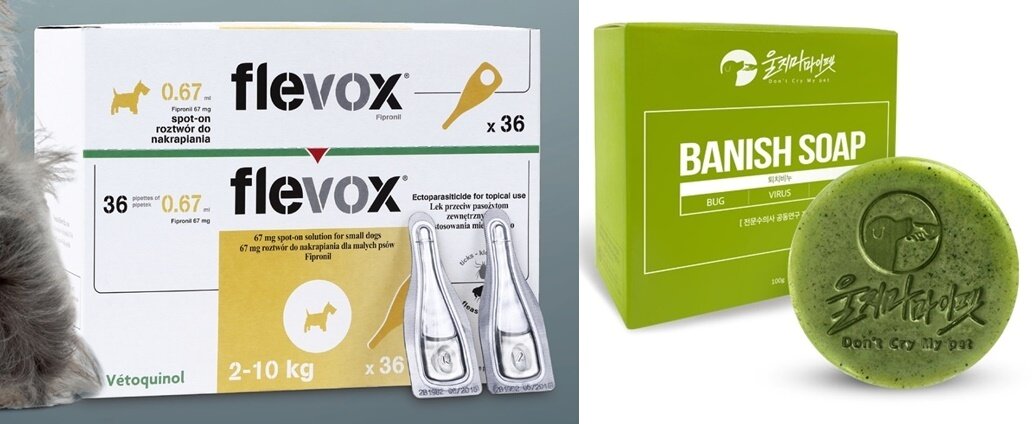 본문 이미지 - 외부구충제인 베토퀴놀 '플레복스'(왼쪽)와 울지마마이펫 '퇴치비누' ⓒ 뉴스1