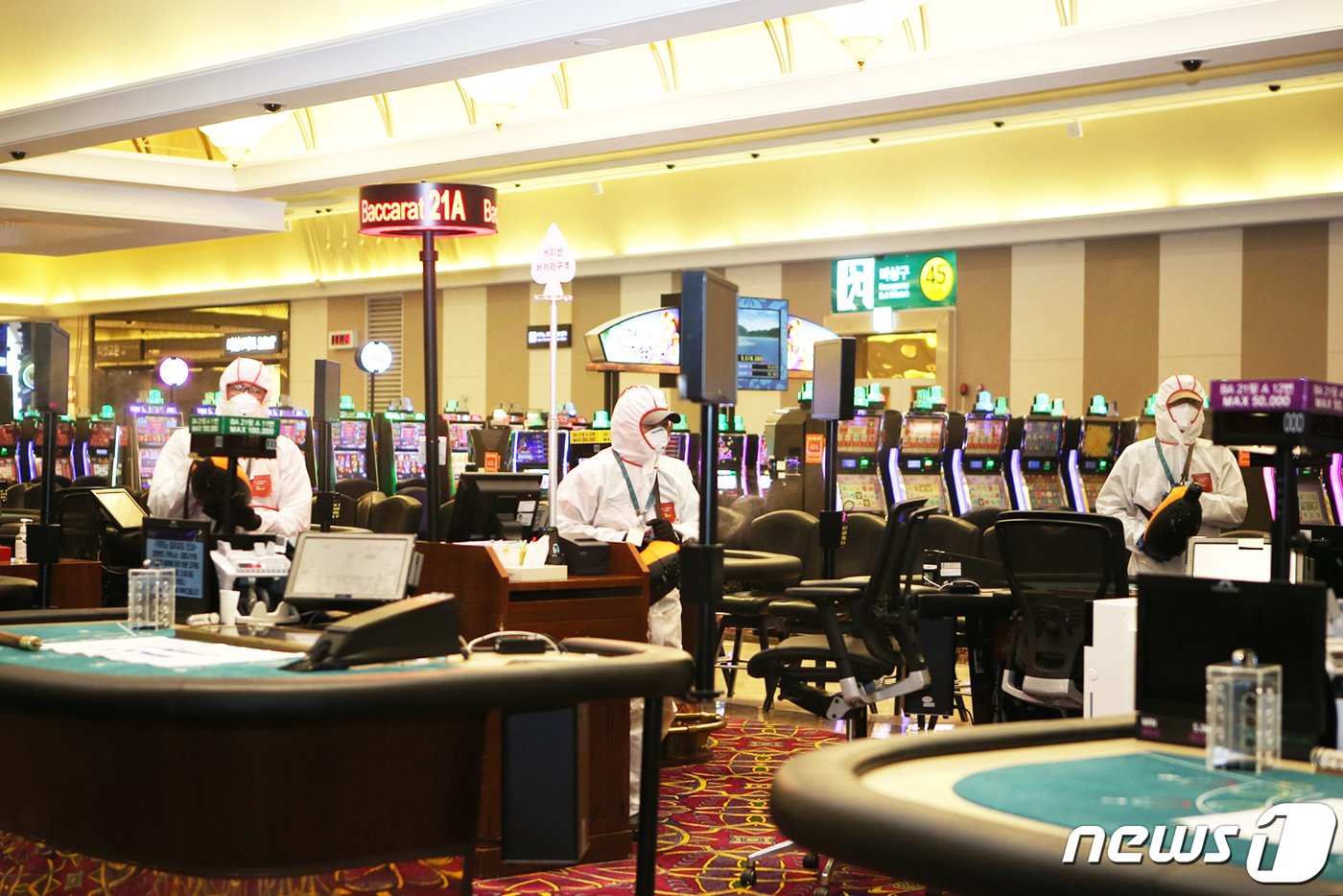 본문 이미지 - 강원랜드 카지노에서 방역 전문업체와 직원들이 코로나19 확산방지를 위해 자체방역을 실시하는 모습. (강원랜드 제공) 2020.7.1/뉴스1 ⓒ News1 박하림 기자
