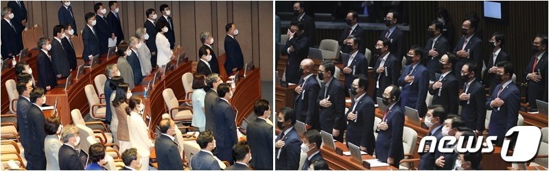 본문 이미지 - 16일 오후 서울 여의도 국회에서 열린 제21대국회 개원식에 참석한 국무위원과 여당 의원들이 흰색 마스크를(왼쪽), 미래통합당 의원들이 검은색 마스크(오른쪽)를 쓰고 참석하고 있다. 2020.7.16/뉴스1 ⓒ News1 박세연 기자