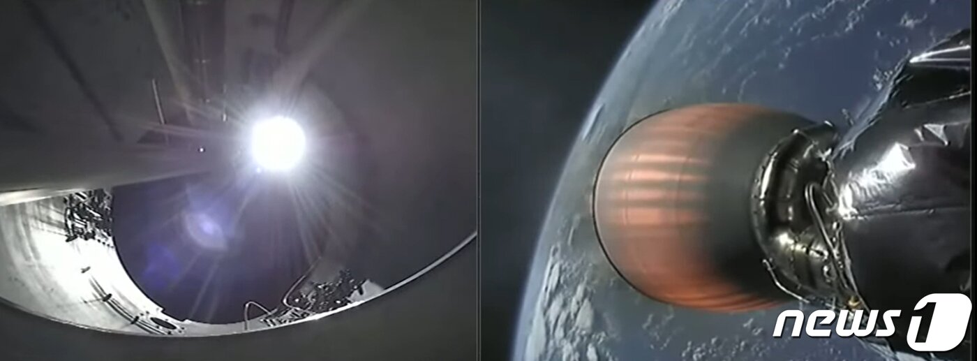 본문 이미지 - 우리 군 최초의 독자 통신위성인 아나시스 2호(ANASIS-Ⅱ)가 20일(현지시간) 미국 케이프 커내버럴 공군기지 케네디 우주센터에서 성공적으로 발사돼 우주로 향하고 있다. 아나시스 2호 발사 성공으로 우리 군은 기존의 민·군 공용 통신 위성으로 활용되었던 무궁화 5호 위성(ANASIS)을 대체할 최초 군 독자 통신위성을 확보하게 됐다.(스페이스X 유튜브 캡처) 2020.7.21/뉴스1