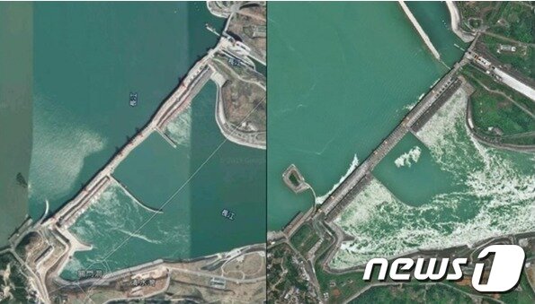 본문 이미지 - 구글맵과 중국측이 제공한 싼샤댐 사진, 왼쪽이 구글맵 - 바이두 갈무리 