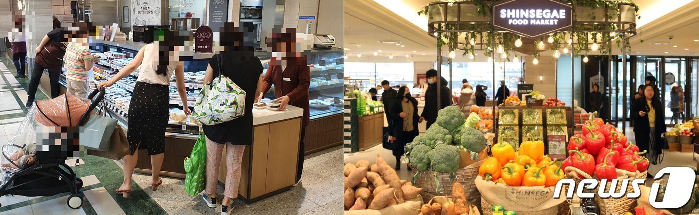 본문 이미지 - 신세계백화점 타임스퀘어점 1층 식품전문관 전경.(오른쪽·신세계백화점 제공) 22일 반찬 매장에서 소비자들이 반찬을 고르고 있다.(왼쪽). 2020.7.22/뉴스1ⓒ 뉴스1 최동현 기자