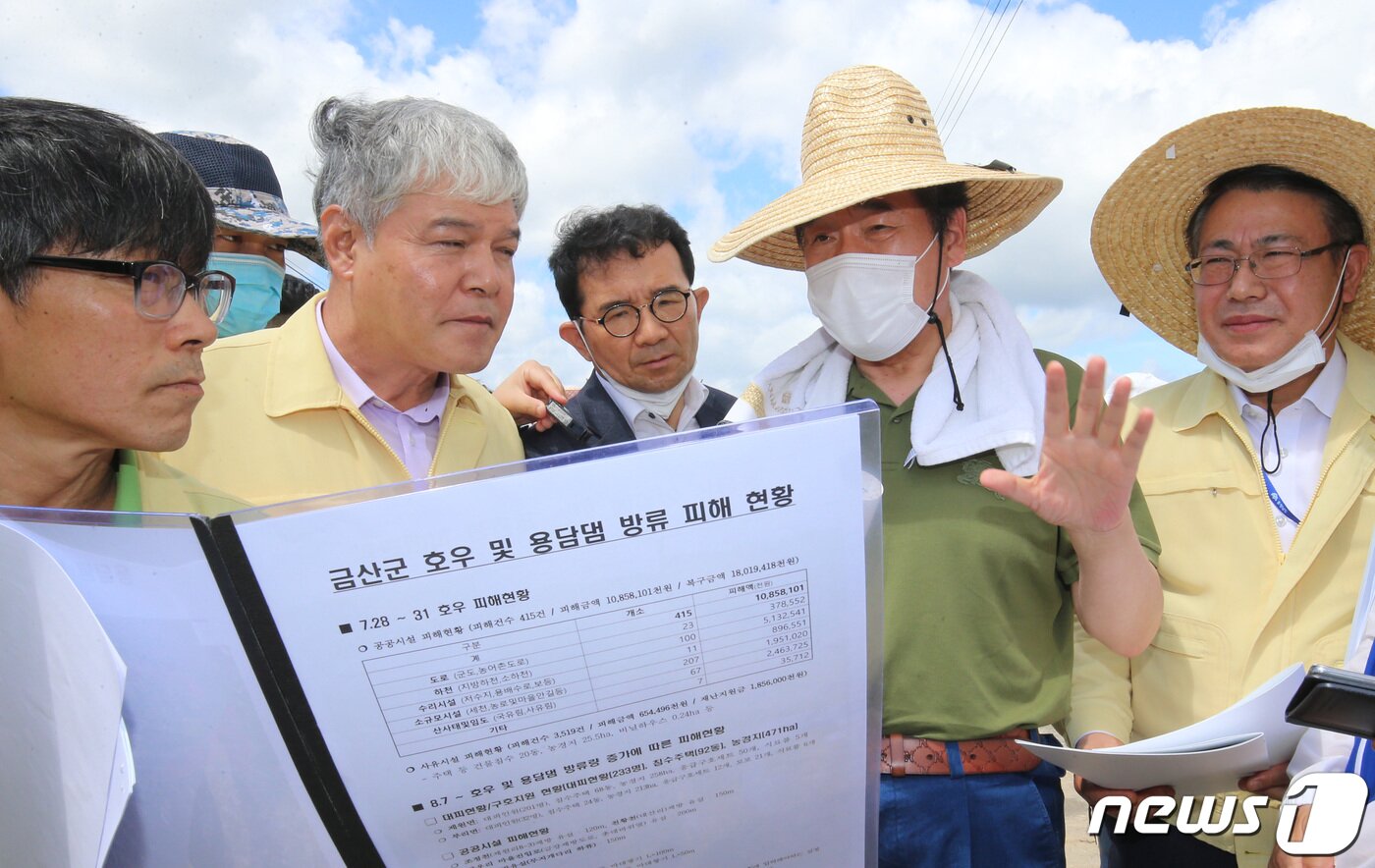 본문 이미지 - 이낙연 더불어민주당 당대표 후보가 13일 오전 수해 피해를 입은 충남 금산 제원면 대산리 인삼밭을 찾아 피해 상황을 설명듣고 있다. 2020.8.13 /뉴스1 ⓒ News1 김기태 기자