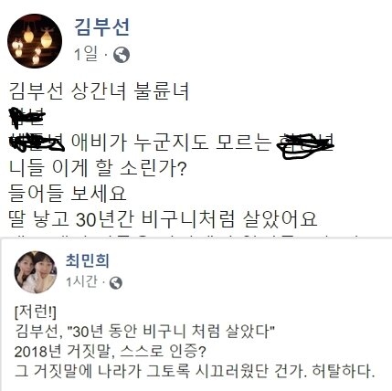 본문 이미지 - 김부선씨가 '비구니처럼 살았다'고 하자 최민희 전 의원이 2018년 '김부선 논란은 거짓말이었냐'며 비판했다. 페이스북 갈무리  ⓒ 뉴스1