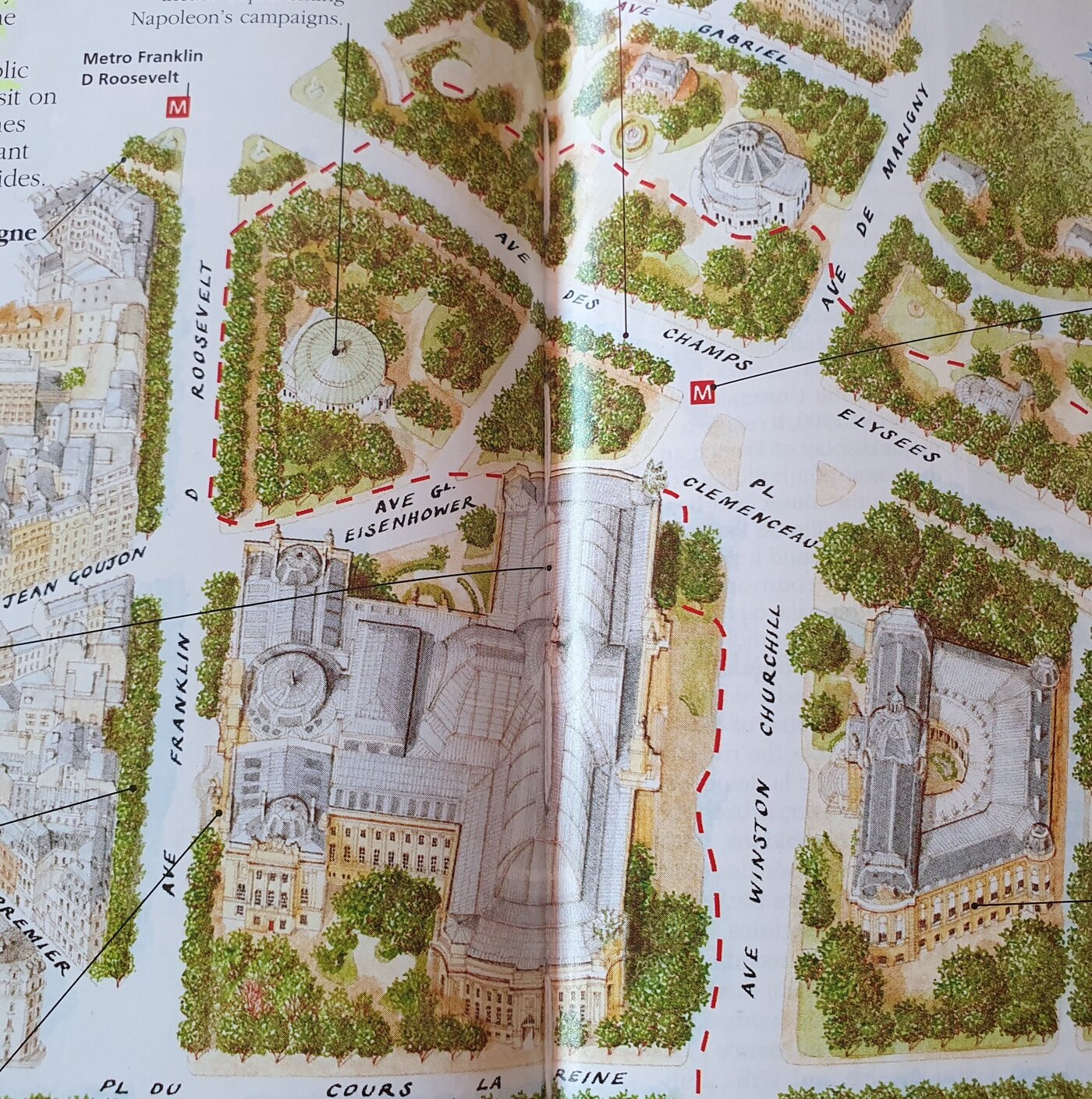 본문 이미지 - 샹젤리제 루스벨트역(왼쪽 위)과 클레망소 역 주변의 상세도. 루스벨트 애비뉴, 아이젠하워 애비뉴, 처칠 애비뉴의 이름이 보인다.(조성관 작가 제공)ⓒ 뉴스1