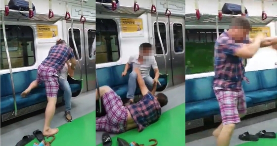 '지하철 마스크 싸움, 당당하게 슬리퍼로 귀싸대기까지…지하철 노마스크 참교육을 하려했던 그 순간' 유튜브채널 사사건건 갈무리 © 뉴스1