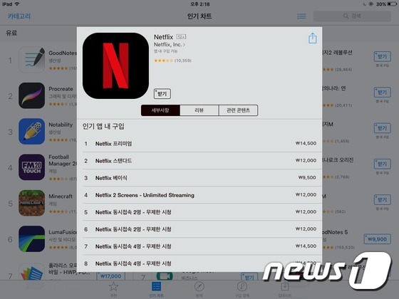 애플 앱스토어 내 넷플릭스 아이패드용 앱에서 구독서비스 가격 안내화면. 안드로이드와 동일한 가격임을 확인할 수 있다. © 뉴스1