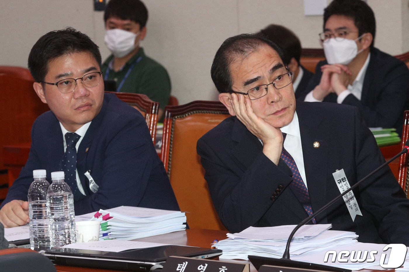 본문 이미지 - 미래통합당 태영호, 지성호 의원이 3일 오후 서울 여의도 국회에서 열린 외교통일위원회 전체회의에 참석해 있다. 2020.7.3/뉴스1 ⓒ News1 성동훈 기자