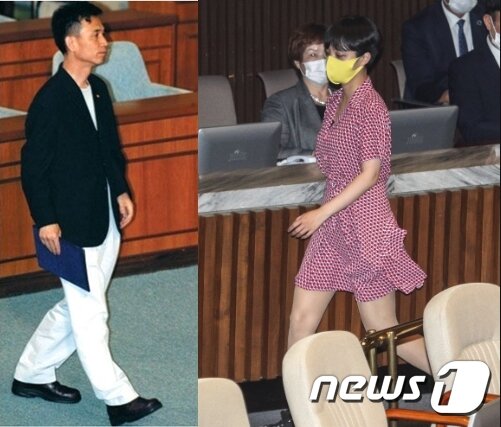 본문 이미지 - 류호정 의원은 지난 4일 국회 본회의장에 동료 의원들과 약속했던 전날 복장인 '분홍 원피스'를 입고 출근했다. (사진 오른쪽) 그러자 그 다음날쯤부터 인터넷 커뮤니티 등에서 류 의원의 복장을 비난하는 글이 쏟아졌다. 본회의장에서의 정치인 복장으로 격식에 맞지 않는다는 지적들도 있었지만, 이 과정에서 류 의원을 성적 대상화하는 성희롱성 비난과 조롱이 다수 나와 눈살을 찌푸리게 만들었다. 왼쪽 사진은 지난 2003년 유시민 당시 국민개혁정당 의원이 본회의장 의원선서를 가면서 넥타이를 매지 않고 티셔츠와 남색 재킷, 흰 면바지를 입은 모습. ⓒ 뉴스1