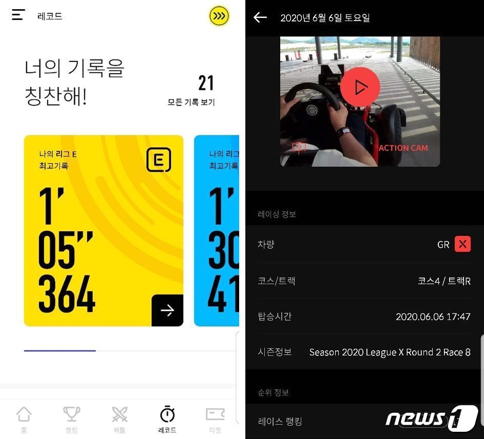 본문 이미지 - 주행을 마친 레이서는 9.81파크 앱을 통해 랩타임(구간기록)과 전체랭킹 순위를 확인할 수 있다. 8일 기준 기자는 올해 리그X 라운드2 레이스 8에서 상위 27.86%인 17위에 랭크됐다. 순위는 시간이 흐를수록 다른 레이서의 기록에 의해 밀려나는데 이것이 9.81파크를 또다시 찾게 하는 계기를 마련해준다. ⓒ 뉴스1 송화연 기자