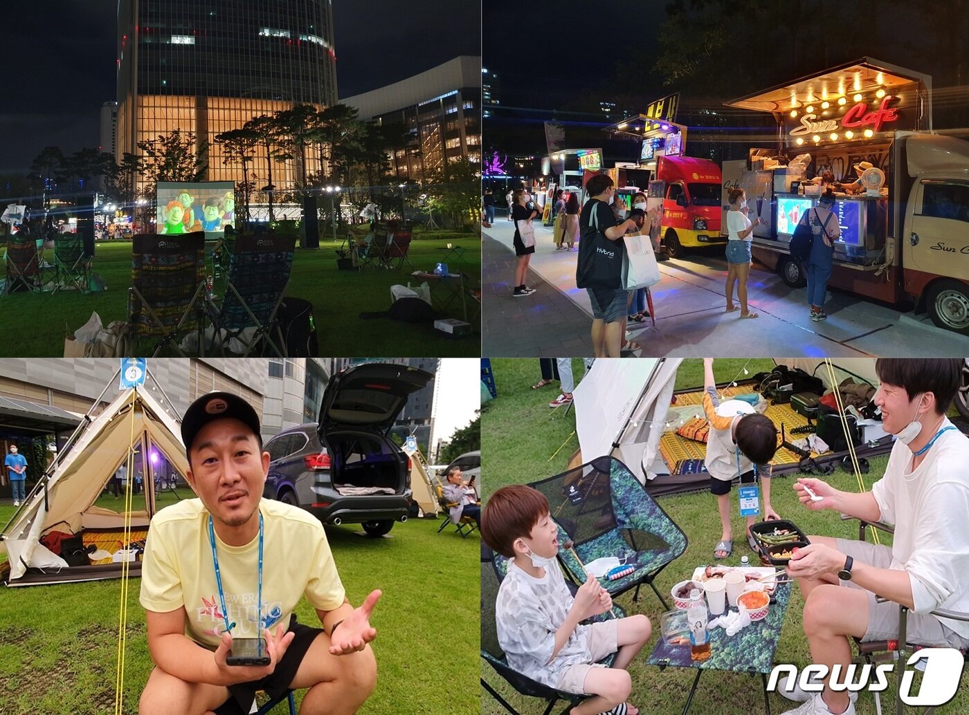 본문 이미지 - 7일 서울 잠실 롯데월드타워 앞 잔디광장에 마련된 '차박존'. 배우 겸 유튜버 강성훈씨(왼쪽 아래)가 도심 차박을 즐기는 소감을 말하고 있다. 유튜버 김용찬씨가 7살, 9살 자녀들과 먹거리를 먹으며 캠핑을 하고 있다.2020.8.7/뉴스1ⓒ 뉴스1 최동현 기자