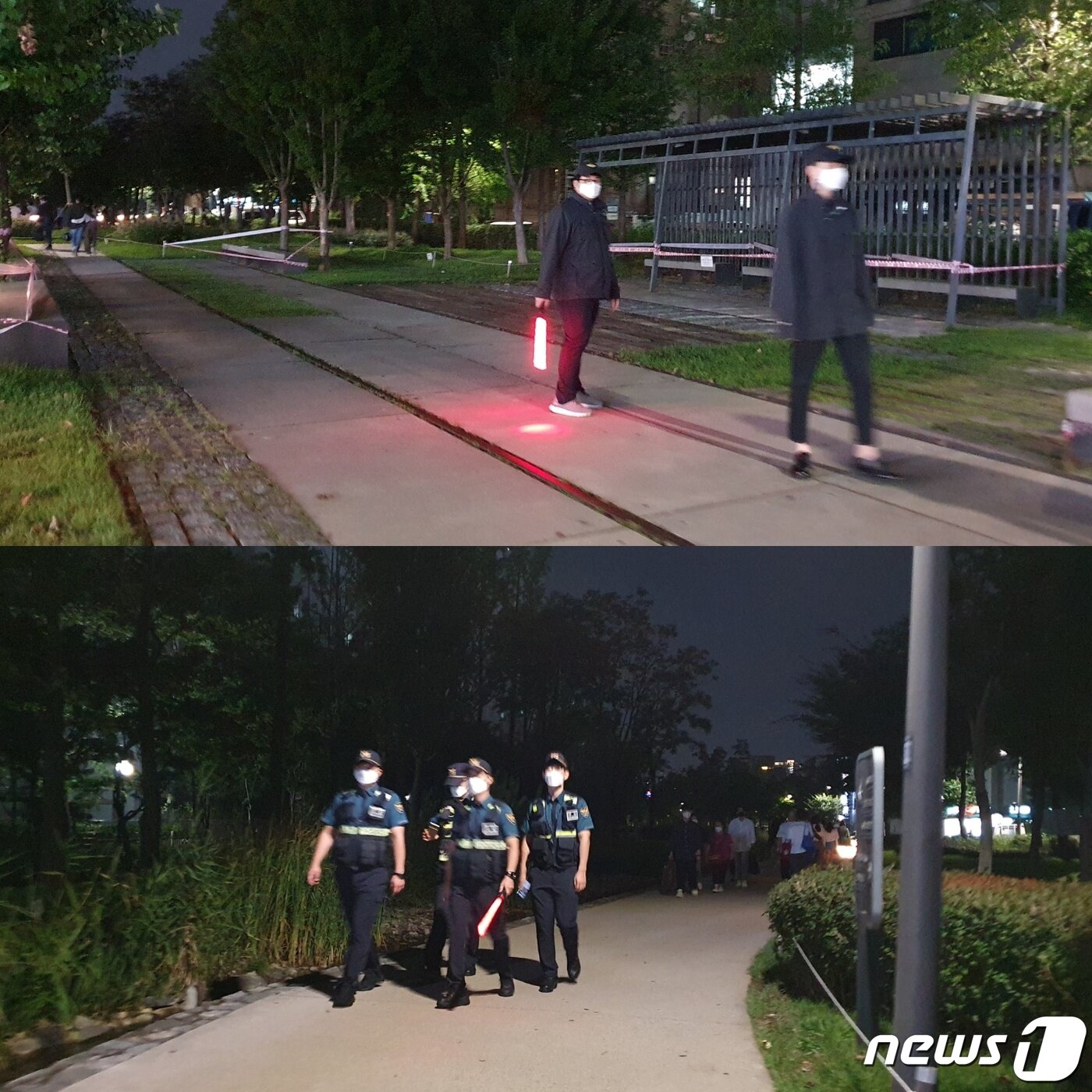 본문 이미지 - 10일 오후 서울 마포구 연남동 '경의선 숲길공원'에 공익근무요원과 공원 관리자, 서울 마포경찰서 소속 경찰관 등이 사회적 거리두기를 계도하고 있다. ⓒ 뉴스1 황덕현 기자