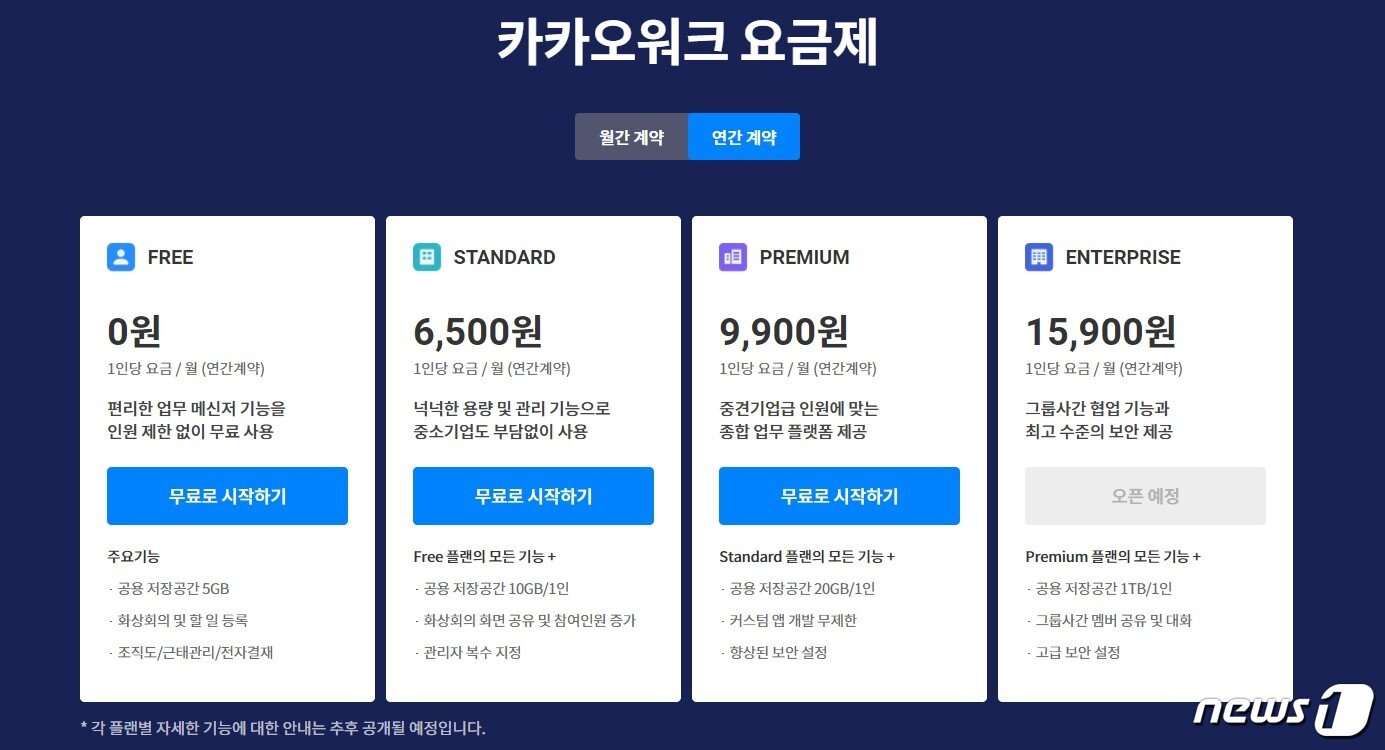 본문 이미지 - 연간 계약기준 카카오워크 요금제 (카카오워크 홈페이지 갈무리) ⓒ 뉴스1