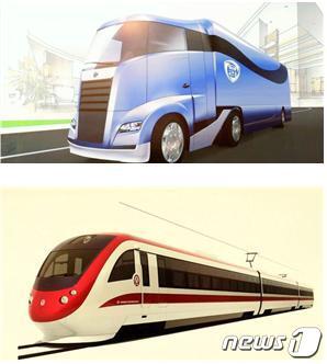 본문 이미지 - 최근 북한의 산업미술 작품들 5t급화물자동차 '승리' 마크도안(상), 고속전동차 형태도안(하) (출처 : 조선의 오늘)ⓒ 뉴스1