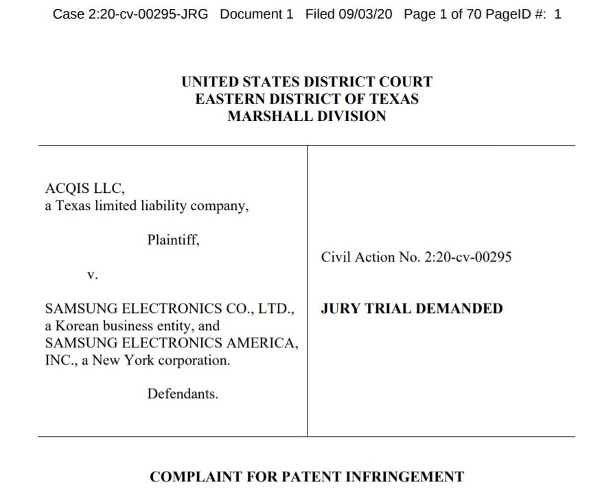 본문 이미지 - 미국 캘리포니아에 본사를 둔 액키즈 테크놀로지(ACQIS Technology)가 지난 3일 텍사스 동부지방법원에 삼성전자 본사와 삼성전자 미국법인(SEA)을 상대로 제기한 특허침해 소송의 소장 일부(자료=law360 제공) ⓒ 뉴스1