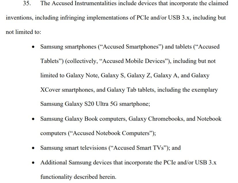 본문 이미지 - 미국 캘리포니아에 본사를 둔 액키즈 테크놀로지(ACQIS Technology)가 지난 3일 텍사스 동부지방법원에 삼성전자 본사와 삼성전자 미국법인(SEA)을 상대로 제기한 특허침해 소송의 소장에 언급된 특허침해 품목 일부(자료=law360 제공) ⓒ 뉴스1