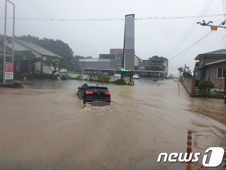 본문 이미지 - 7일 태풍 ‘하이선’의 영향으로 많은 비가 내린 강원 강릉 지변동 한 도로의 하수구에서 빗물이 역류해 일대가 침수됐다.ⓒ 뉴스1/최석환 기자 ⓒ News1 최석환 기자