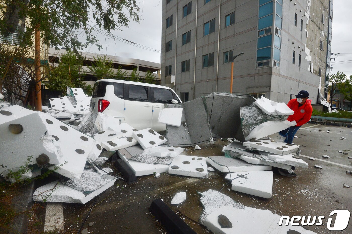본문 이미지 - 7일 오후 경북 포항시 북구 대신동 주차장에 세워진 승용차들이 태풍 하이선에 동반된 강풍에 떨어진 외벽 마감재에 덮혀있다. 2020.9.7/뉴스1 ⓒ News1 최창호 기자