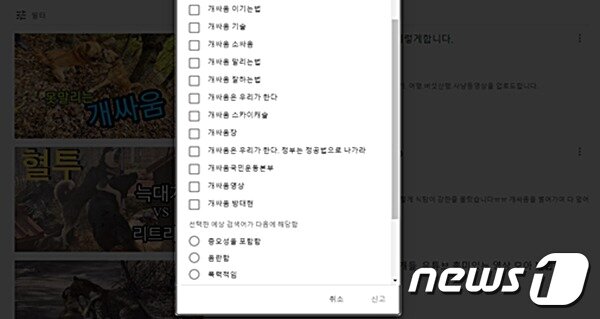 본문 이미지 - 유튜브에서 개싸움을 검색하면 다수의 연관검색어가 뜬다. 신고 기능도 있다. 사진 유튜브 갈무리 ⓒ 뉴스1