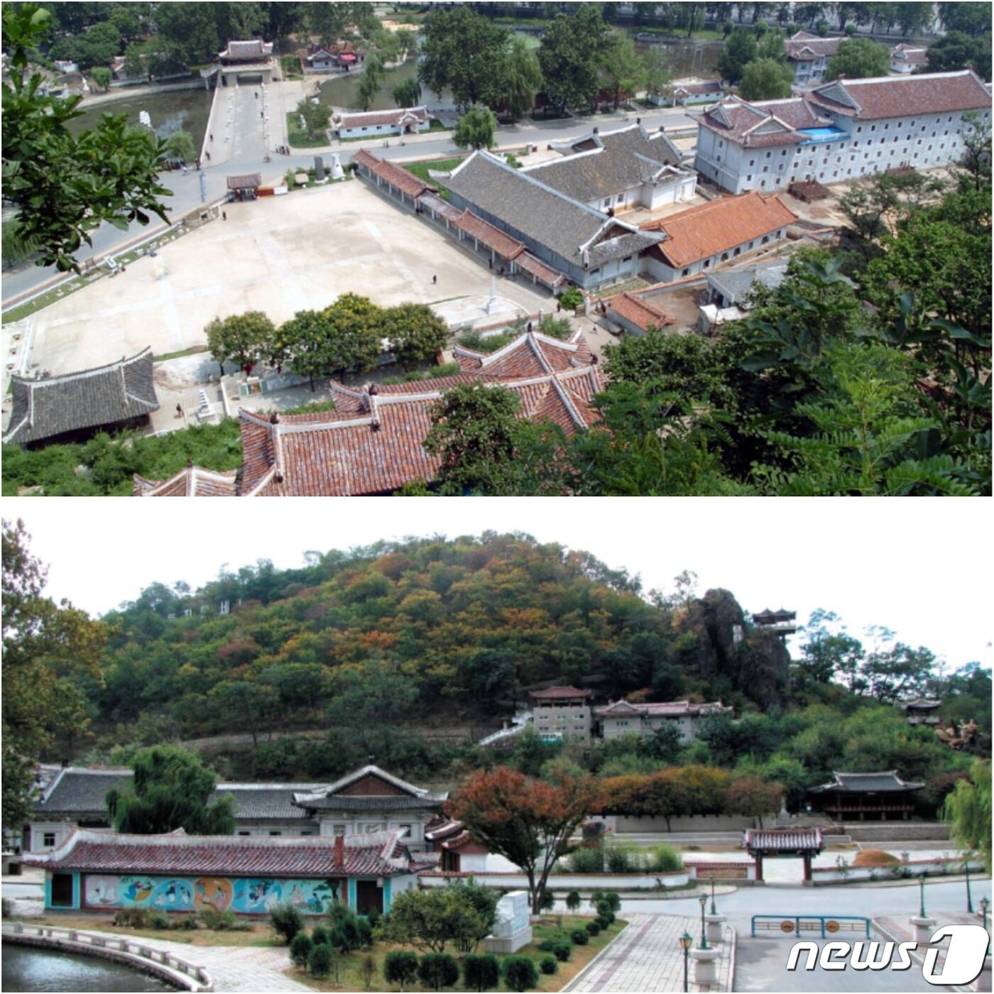 본문 이미지 - 황해북도 사리원시 경암산에서 본 민속거리(위)와 민속거리에서 본 경암산과 경암루 전경(아래). (미디어한국학 제공) 2021.01.09.ⓒ 뉴스1