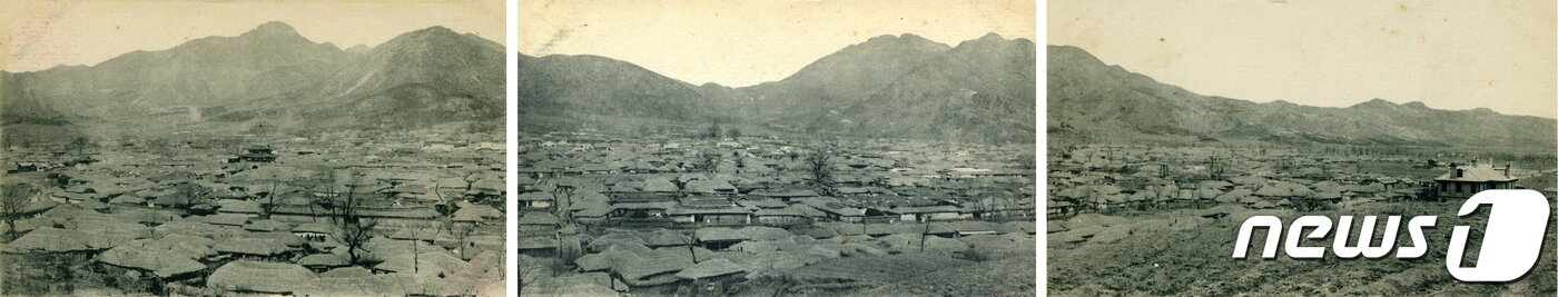 본문 이미지 - 1925년 해주성과 성문들이 훼손되기 이전에 촬영된 해주시 전경. 왼쪽으로 2층 문루가 특징적인 순명문이 보이고, 그 북서쪽에 부용당이, 북동쪽에 선화당 건물이 남아 있다. 중앙 뒤쪽으로 용수산이, 그 동쪽으로 수양산 설류봉(뒤쪽)과 장대봉(앞쪽)이 솟아 있다. (미디어한국학 제공) 2021.01.23.ⓒ 뉴스1