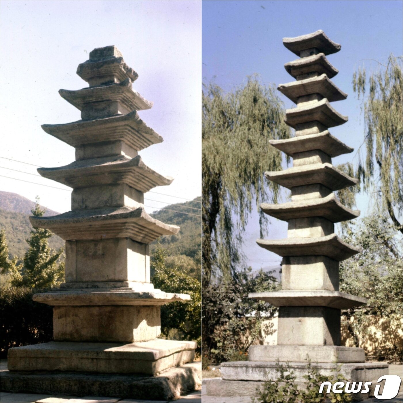 본문 이미지 - 황해남도 해주시 옥계동에 있는 해주5층탑(왼쪽)과 해청동에 있는 해주9층탑(오른쪽). 모두 고려시기 석탑이다. (미디어한국학 제공) 2021.01.23.ⓒ 뉴스1