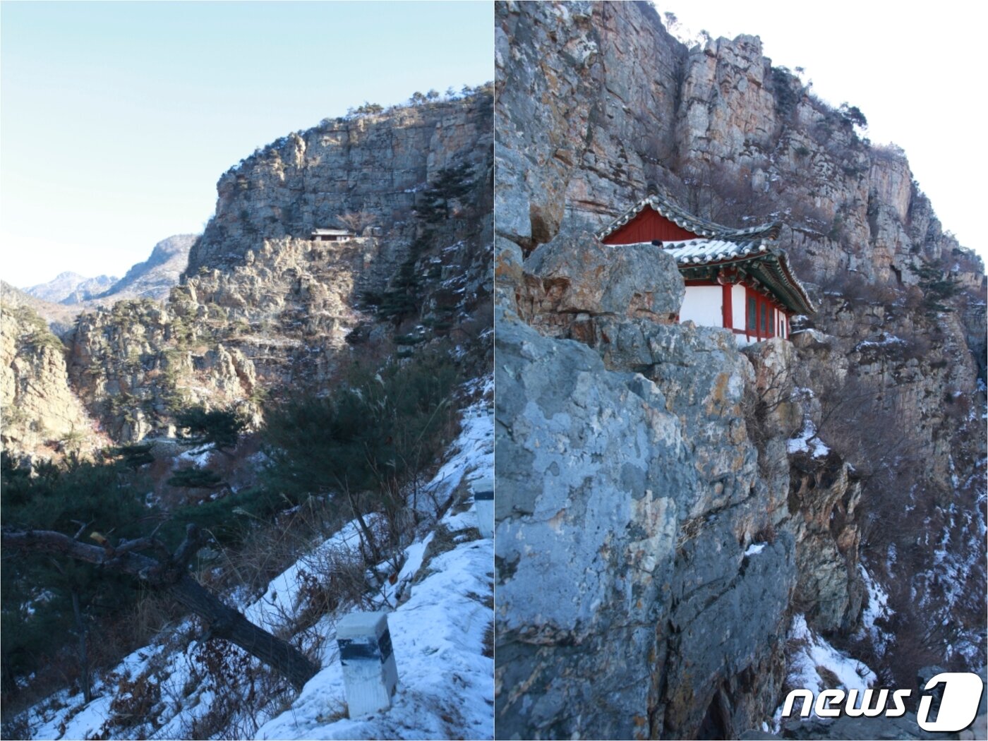 본문 이미지 - 황해남도 장수산에 있는 묘음사 현암 전경. 기암절벽 위에 자리 잡고 있어 장관을 연출한다. (미디어한국학 제공) 2021.01.23.ⓒ 뉴스1
