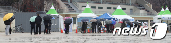 선별검사소 우산 행렬