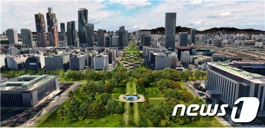 본문 이미지 - 박영선 전 중소벤처기업부 장관이 26일 출마 선언과 함께 제시한 '21분 콤팩트 도시' 계획의 여의도 조감도. 국회의사당에서 동여의도로 향하는 구간도로를 지하화해 넓은 공원을 만들고, 수직정원형 스마트팜과 1인 주거텔을 세우는 방안이다. ⓒ 뉴스1