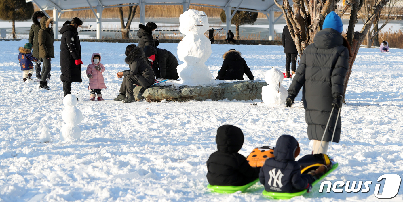 (전주=뉴스1) 유경석 기자 = 8일 전북 전주시 송천동 한 공원에서 가족 단위의 시민들이 눈썰매를 즐기고 있다. 2021.1.8/뉴스1