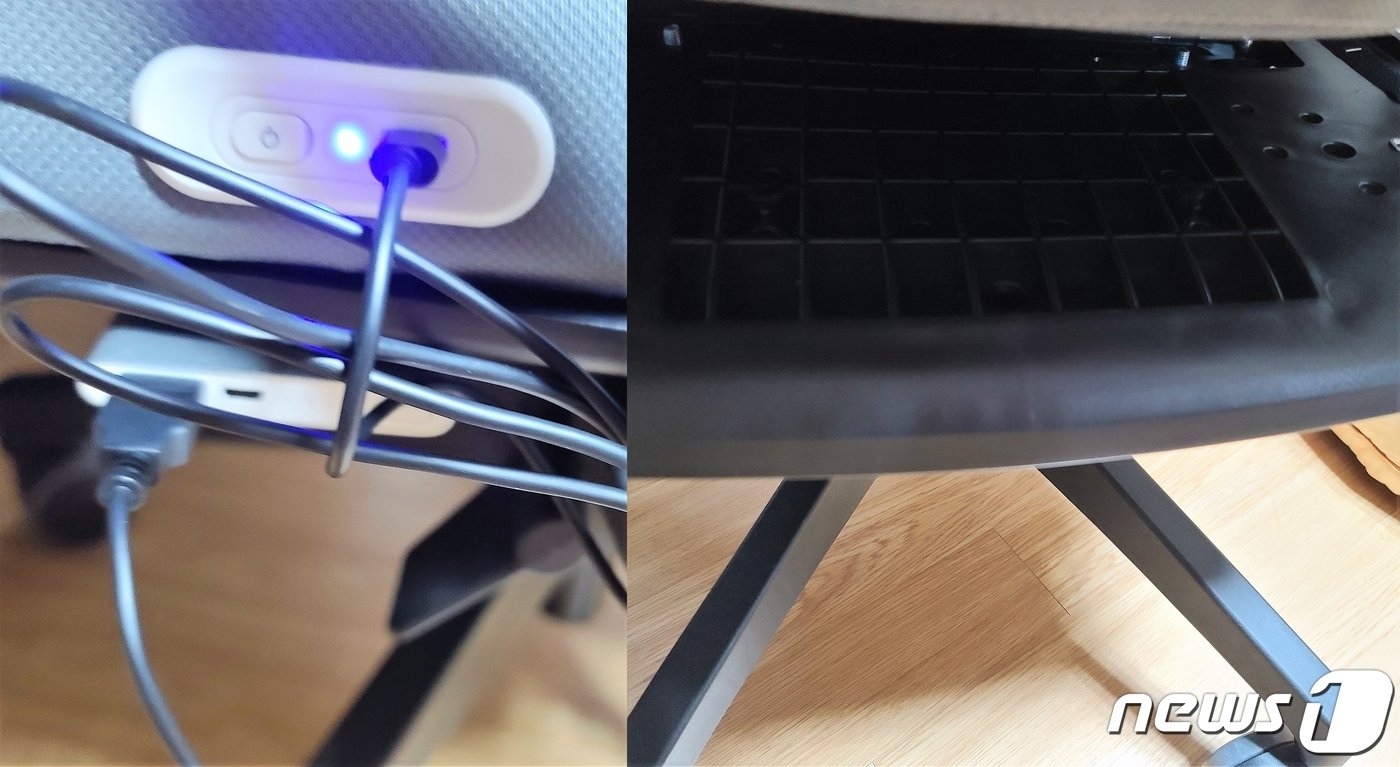 본문 이미지 - 자세알고 충전부분(왼쪽), 자세알고 좌판 구조물 부분(오른쪽) ⓒ 뉴스1 조현기 기자