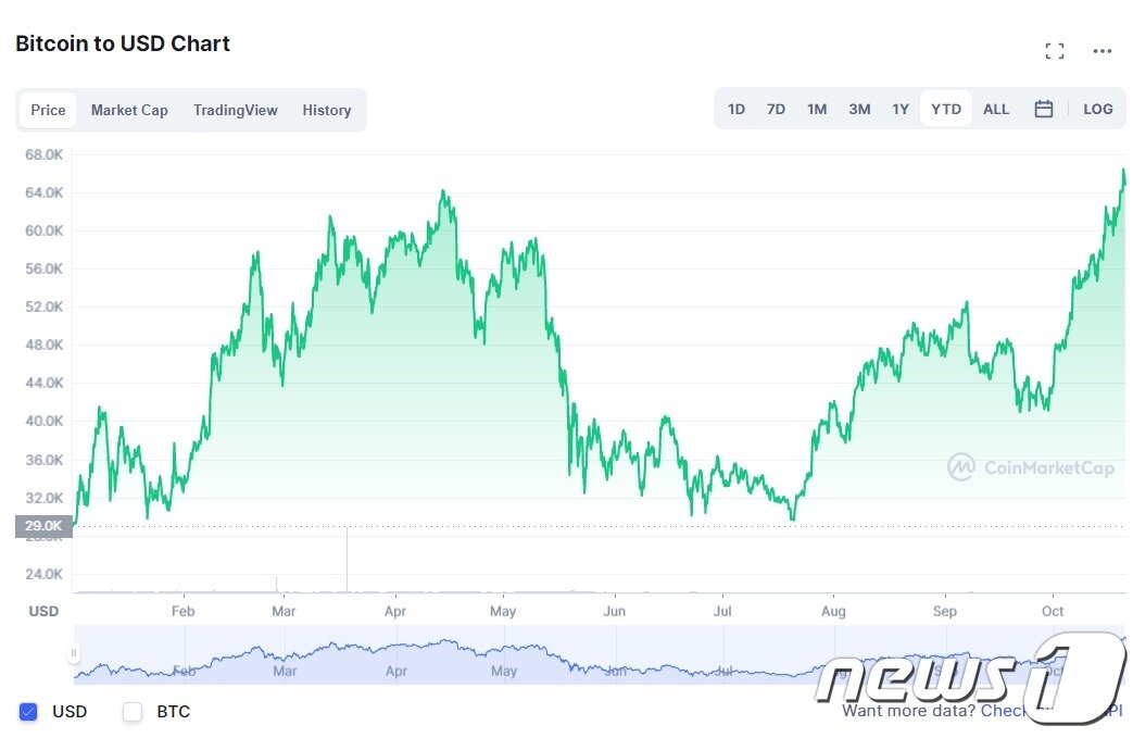 본문 이미지 - 올 들어 비트코인 가격 추이 - 코인마켓캡 갈무리