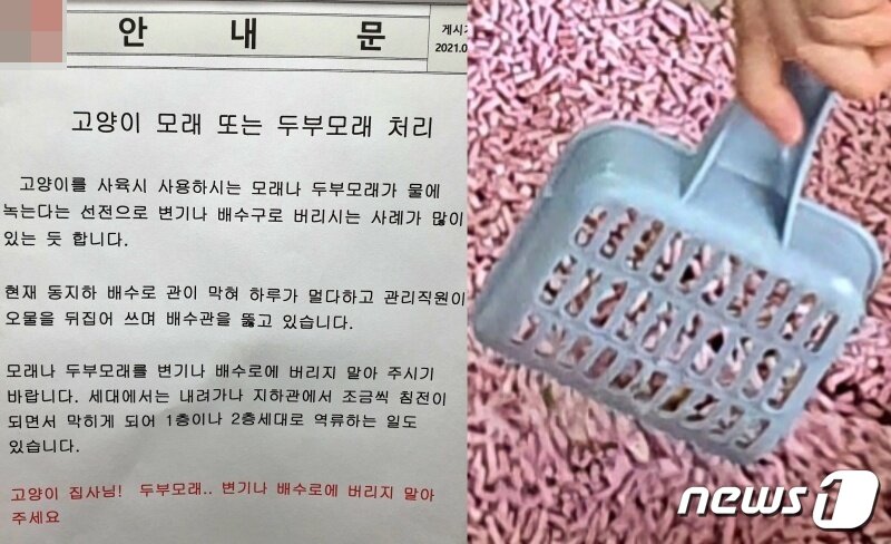 본문 이미지 - 고양이 모래를 변기에 버리지 말라는 안내문&#40;독자 제공&#41;과 두부 모래 자료 사진 ⓒ 뉴스1 최서윤 기자