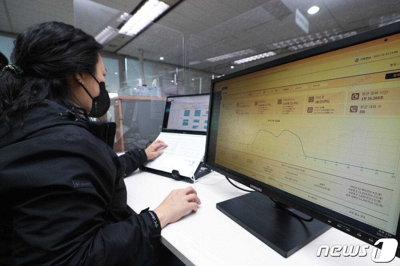본문 이미지 - 2021년 10월 서울 동작구 노량진 KT고객센터에서 상담원이 AI가 직접 고객을 응대하는 모습을 모니터를 통해 확인하고 있다. /뉴스1DB ⓒ News1 성동훈 기자