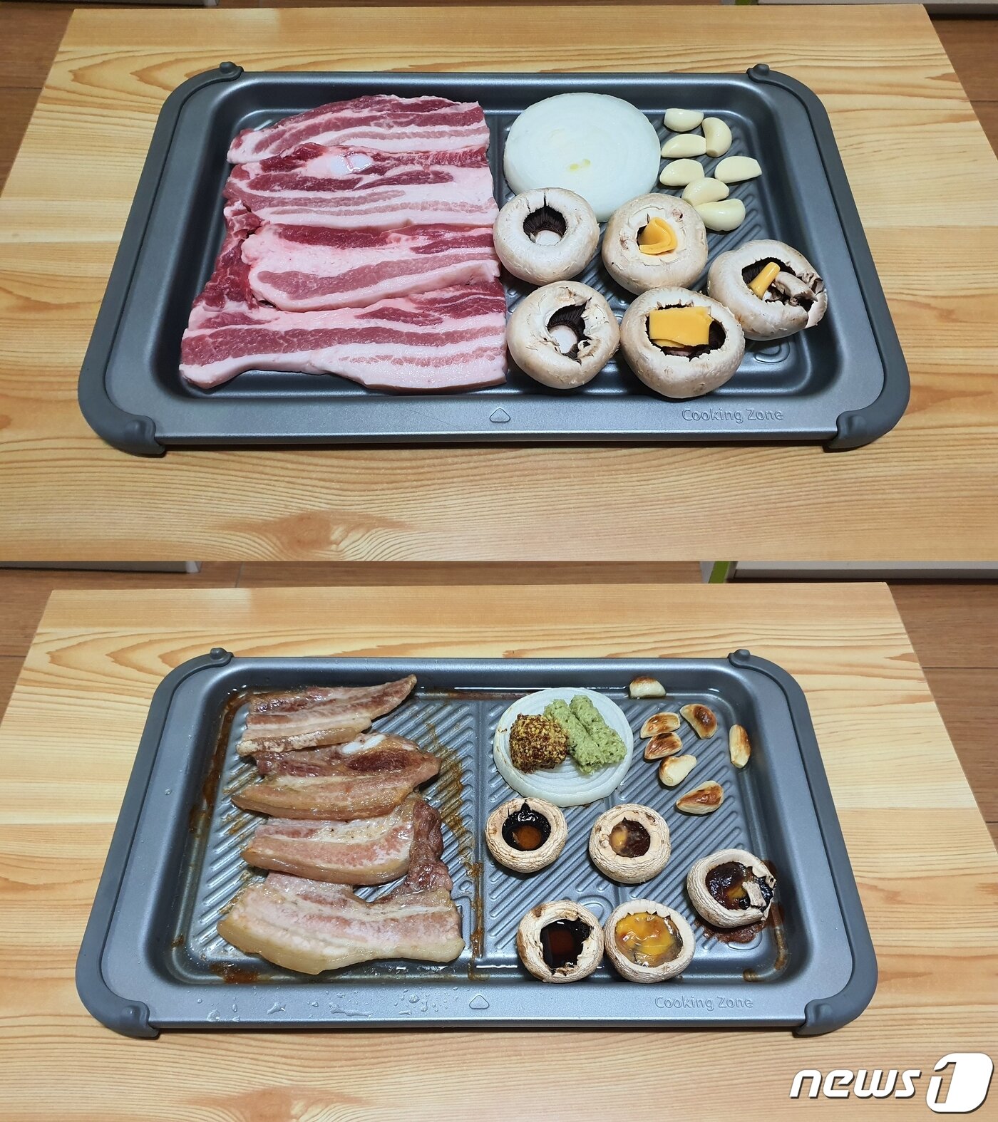 본문 이미지 - 삼성 비스포크 큐커로 구운 삼겹살의 조리 전 후 모습. ⓒ News1 정상훈 기자