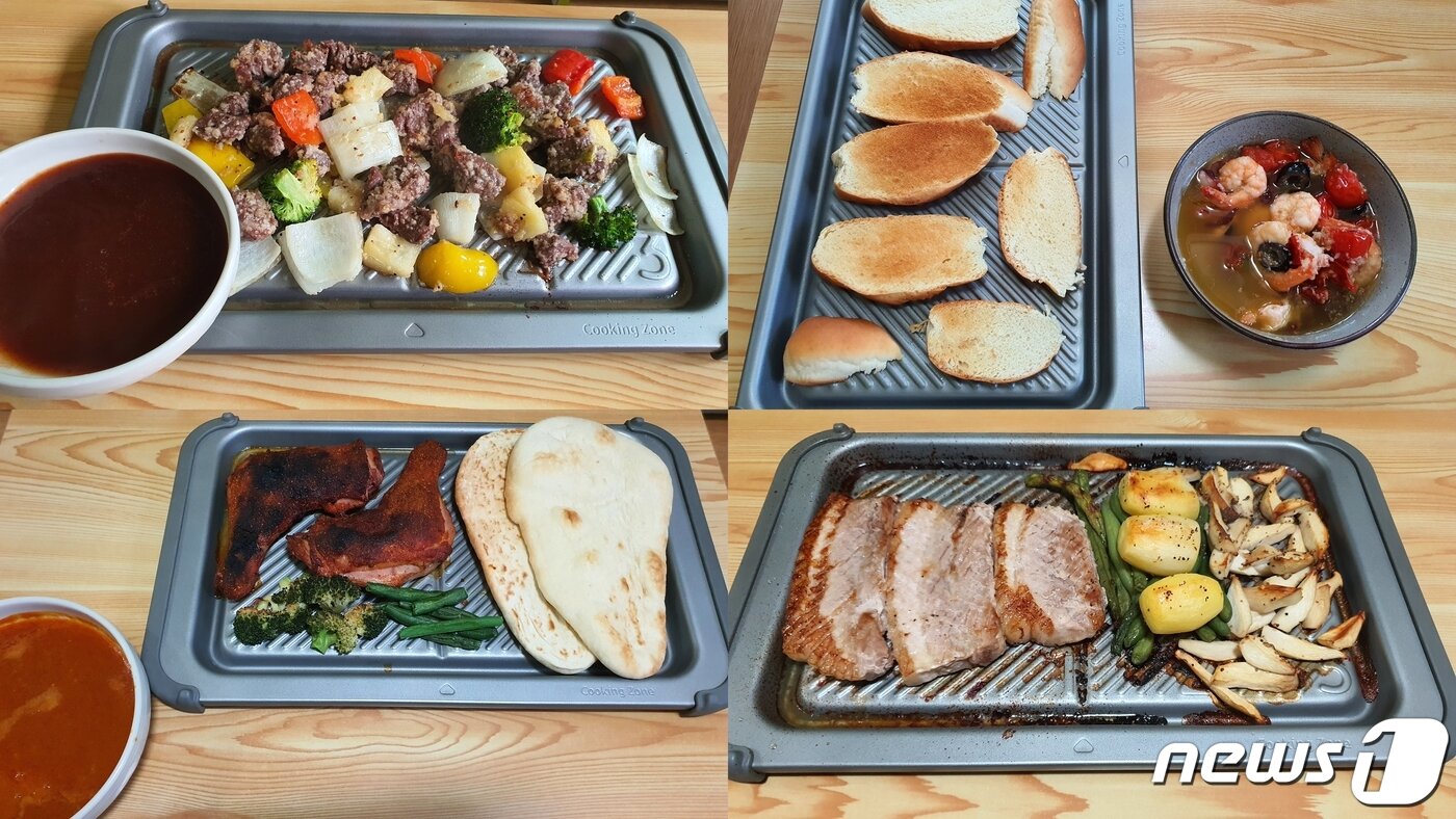 본문 이미지 - 삼성 비스포크 큐커 전용 밀키트로 만든 요리들. 왼쪽 상단부터 하와이안 찹 스테이크, 스페니시 감바스 알 알히요, 트러플 벌집 삼겹 스테이크, 탄두리 치킨. ⓒ News1 정상훈 기자