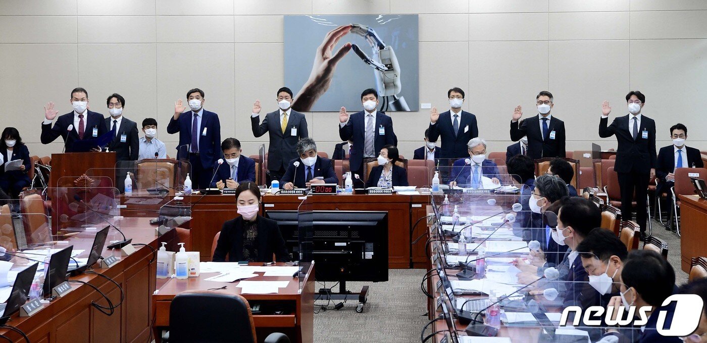 본문 이미지 - 5일 서울 여의도 국회에서 열린 과학기술정보방송통신위원회의 방송통신위원회 등에 대한 국정감사에서 김경훈 구글코리아 대표이사(왼쪽부터), 정기현 페이스북 코리아 대표, 이강택 TBS 사장, 윤구 애플코리아 대표, 연주환 넷플릭스서비시스 코리아 팀장, 박대준 쿠팡 대표, 류긍선 카카오모빌리티 대표, 김범준 우아한형제들 대표가 증인선서를 하고 있다. 2021.10.5/뉴스1 ⓒ News1 구윤성 기자
