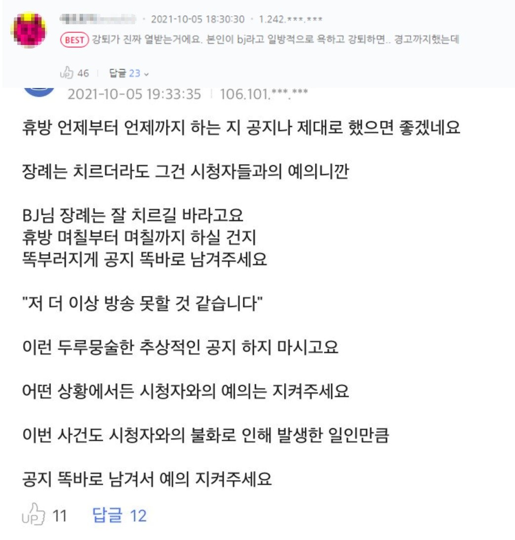 본문 이미지 - 일부 악성 팬들이 피해 여성의 딸이자 BJ에게 "예의를 지켜라"라는 댓글을 달아 빈축을 샀다. (온라인 커뮤니티 갈무리) ⓒ 뉴스1