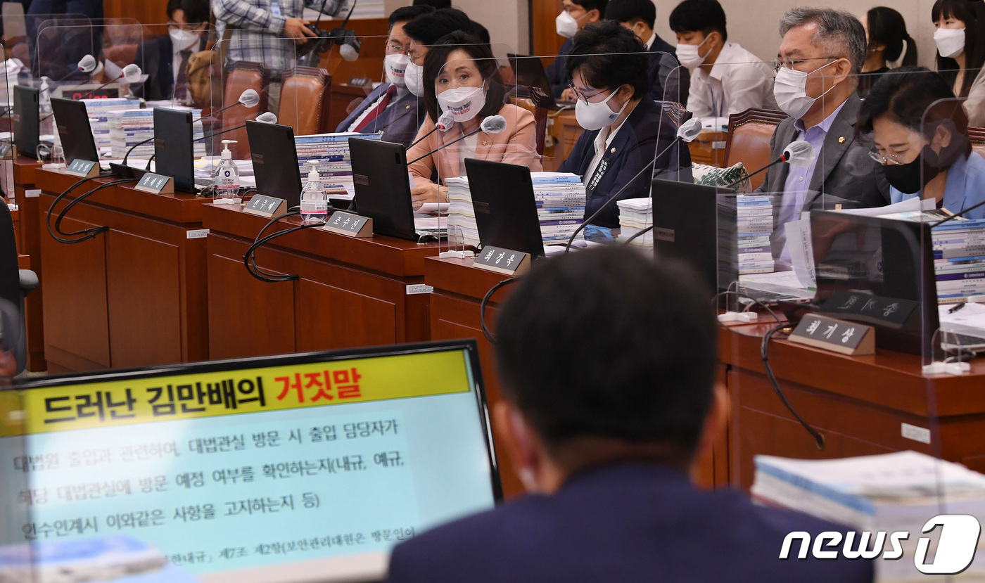 (서울=뉴스1) 이동해 기자 = 전주혜 국민의힘 의원이 8일 서울 여의도 국회에서 열린 법제사법위원회의 대전고법 등에 대한 국정감사에서 이균용 대전고등법원장에게 질문하고 있다. 2 …