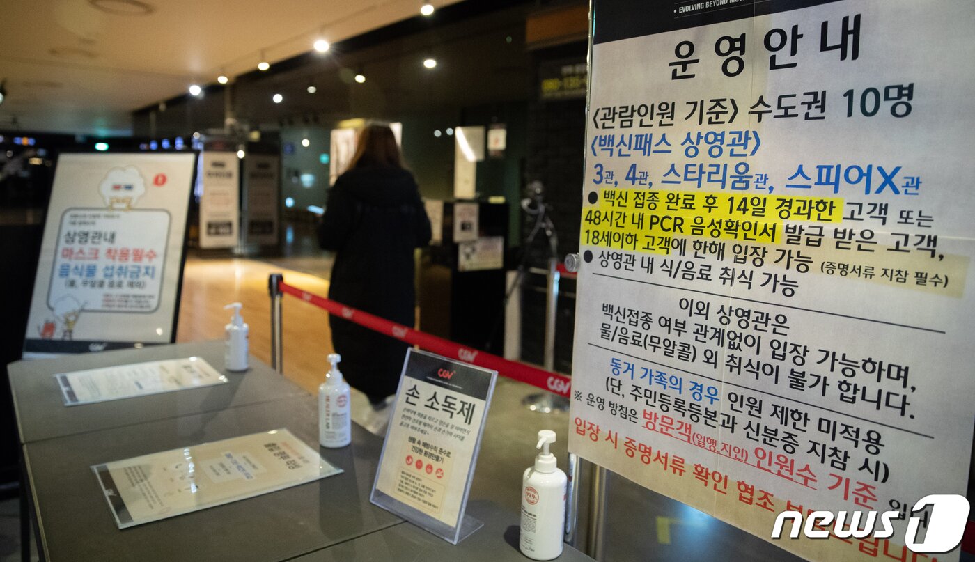 본문 이미지 - 단계적 일상회복(위드 코로나)가 본격적으로 시행된 1일 오후 서울의 한 영화관에 백신 패스관 운영・상영관 내 취식 안내문이 게시돼 있다. 2021.11.1/뉴스1 ⓒ News1 이재명 기자