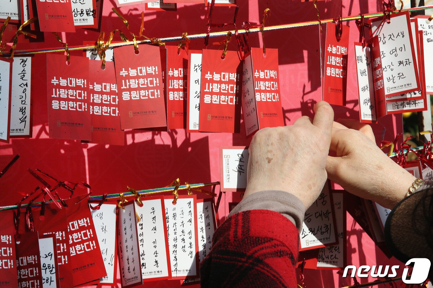 본문 이미지 - 서울 종로구 조계사에서 한 시민이 수험생 응원 문구를 적은 소원지를 매달고 있다. 2021.11.15/뉴스1 ⓒ News1 임세영 기자