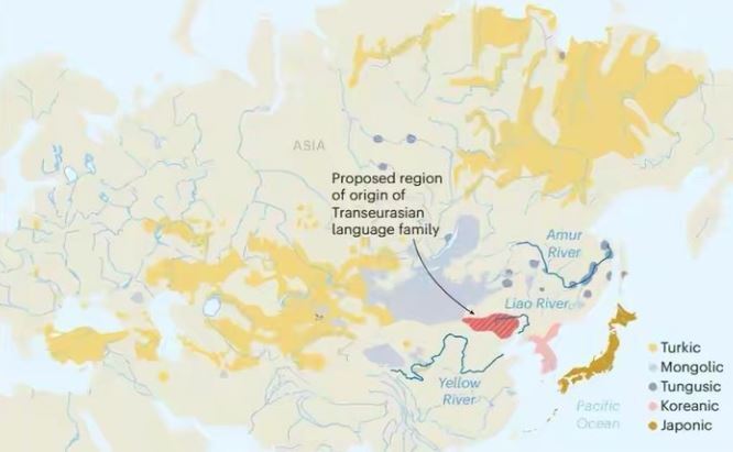 본문 이미지 - 한국어, 일본어, 몽골어 등 광대한 지역에 걸쳐 있는 트랜스유라시아어의 발원지는 중국 북동부 랴오허강 유역이라는 연구 결과가 나왔다. (국제 학술지 '네이처' 갈무리) ⓒ 뉴스1