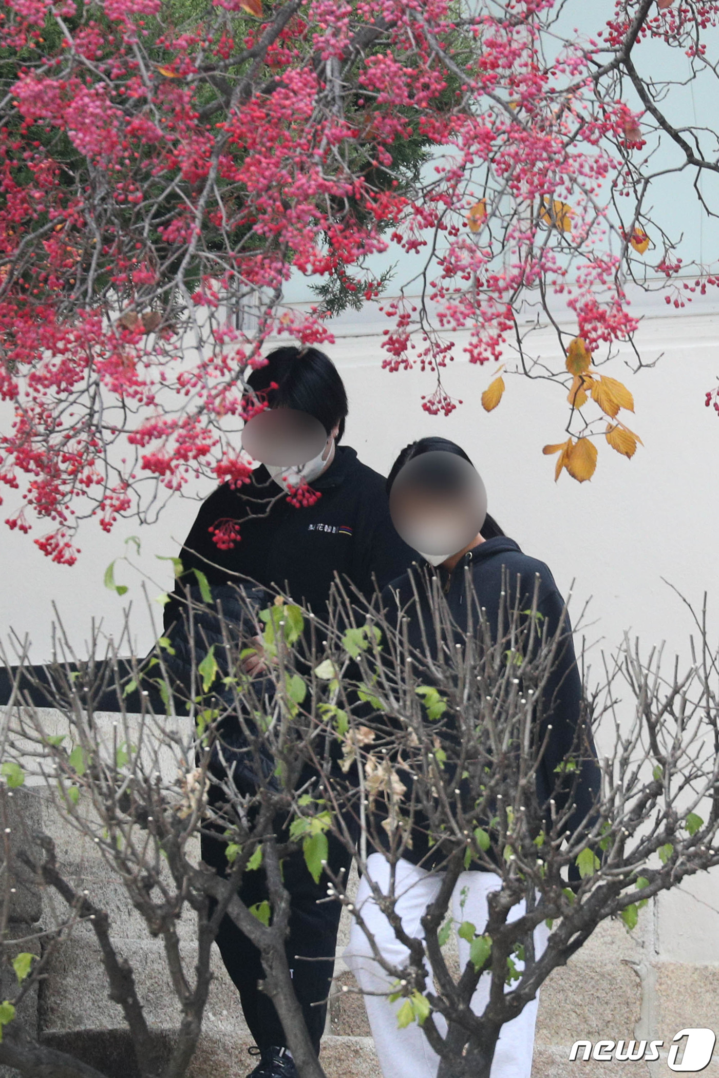 (서울=뉴스1) 성동훈 기자 = 2022학년도 대학수학능력시험일인 18일 오후 서울 종로구 덕성여자고등학교에서 마스크를 쓴 수험생들이 점심시간을 이용해 산책을 하고 있다. 2021 …