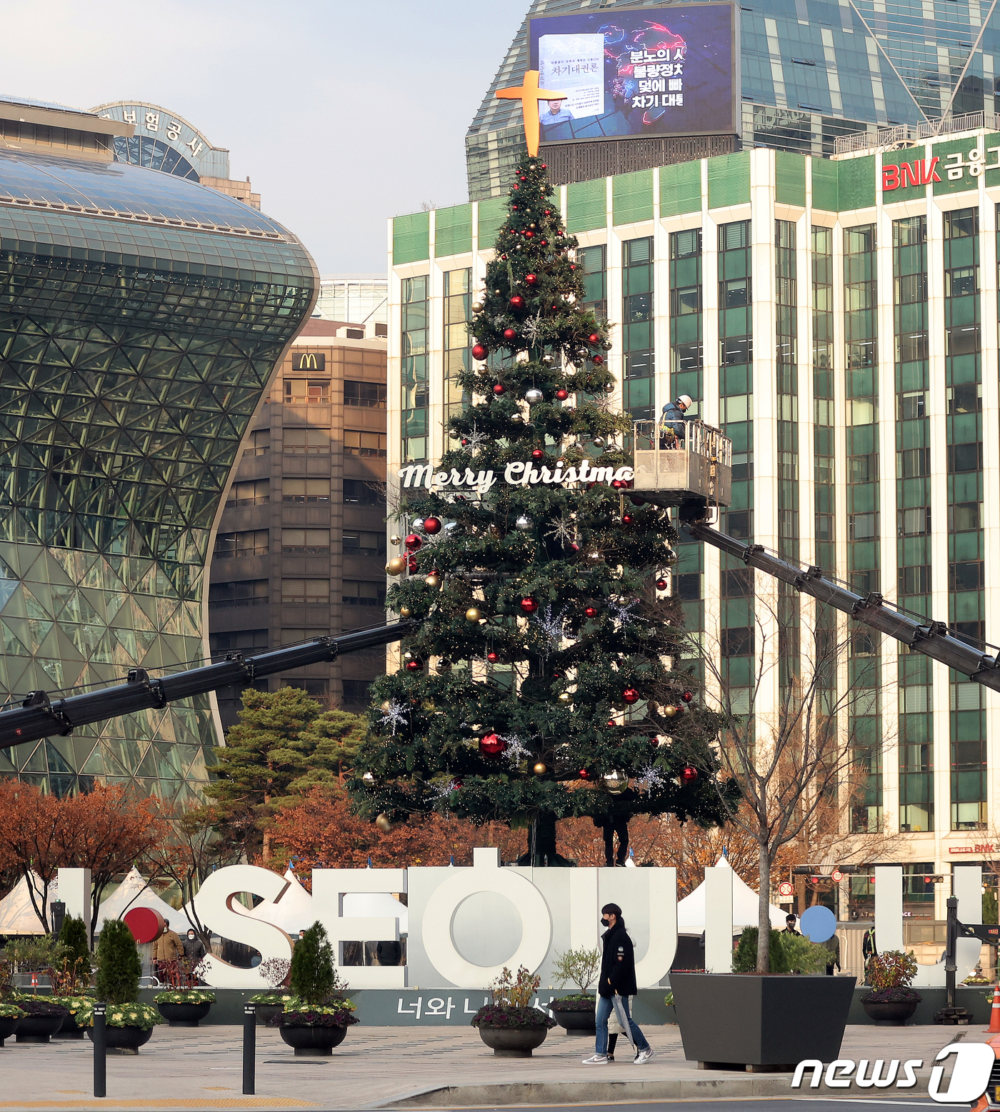 (서울=뉴스1) 김진환 기자 = 24일 서울시청 앞 광장에 크리스마스 트리가 설치돼고 있다. 2021.11.24/뉴스1