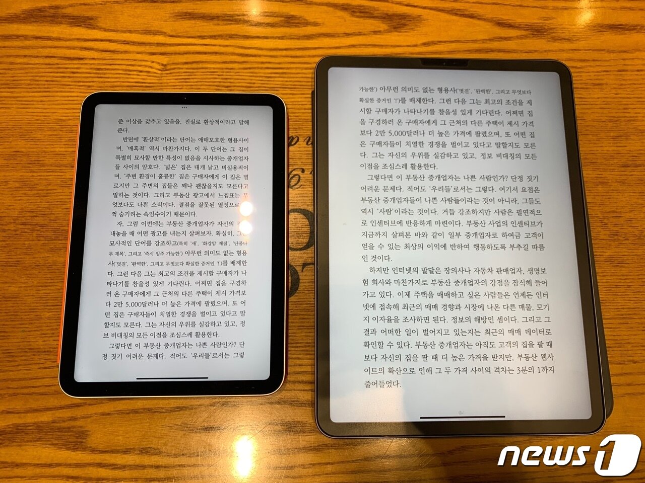 본문 이미지 - 아이패드 미니 6세대와 아이패드 프로를 비교한 모습. 독서 플랫폼인 &#39;밀리의 서재&#39;를 실행하고 있다. ⓒ 뉴스1