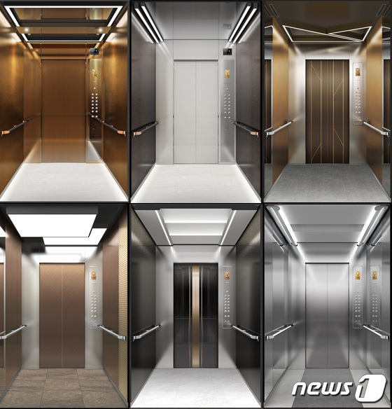 현대엘리베이터가 1일 공개한 2022년형 N:EX(넥스) 라인업 6종. 브라스, 글래시어, 포레, 어반, 테라스, 까사(왼쪽 위부터 시계방향). © 뉴스1