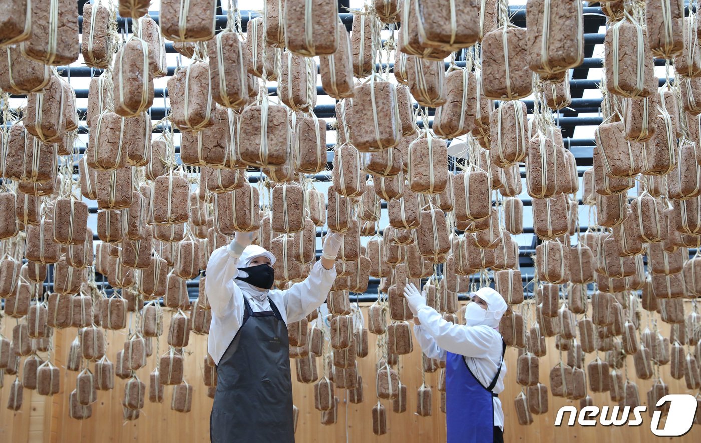 본문 이미지 - 14일 오전 경기도 안성시 일죽면 서일농원에서 직원들이 햇빛에 메주를 말리고 있다. 2021.12.14/뉴스1 ⓒ News1 김영운 기자