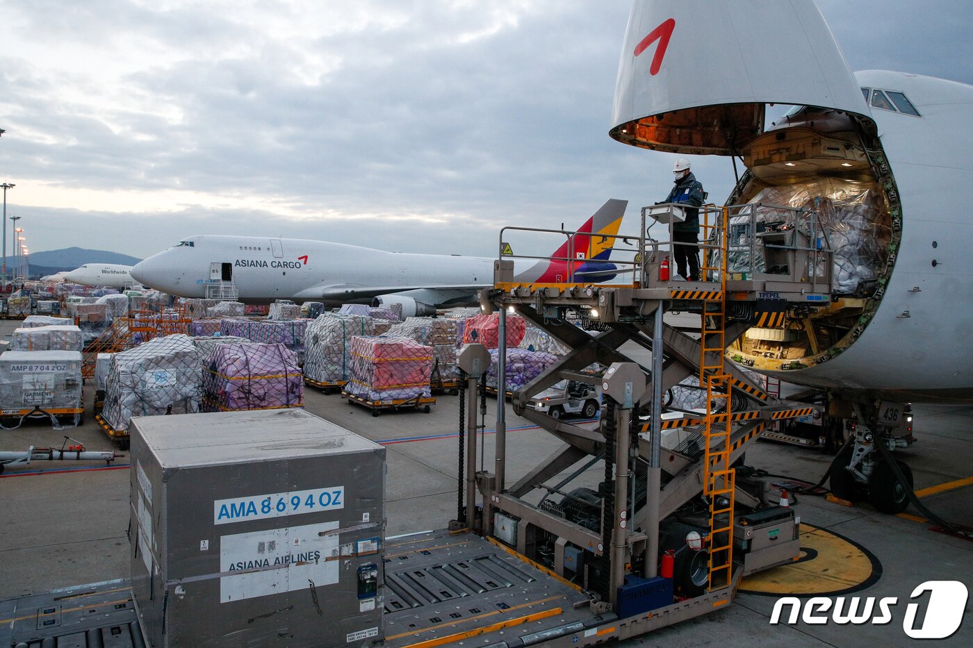 본문 이미지 - 인천국제공항 아시아나항공 화물터미널에서 2021년 12월 아시아나항공 관계자들이 화물기에 화물을 싣고 있는 모습&lt;자료사진&gt;.&#40;사진은 기사 내용과 무관함&#41;. 2021.12.19/뉴스1 ⓒ News1 안은나 기자