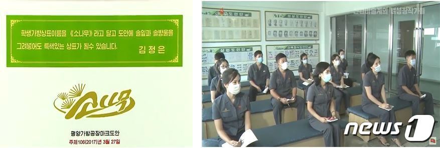 본문 이미지 - 김정은 북한 조선노동당 총비서가 직접 지도한 것으로 알려진 조선산업미술창작사 평양가방공장의 '소나무' 마크 도안(왼쪽)과, 조선산업미술창작사의 상업미술 도안 합평회. <출처 = 2020년 조선중앙TV 소개편집물 '산업미술계의 여성 창작가들– 조선산업미술창작사”, 2018년 8월5일자 '조선의 오늘' 중 '다양한 주제의 산업미술도안들 창작-조선산업미술창작사에서'> ⓒ 뉴스1