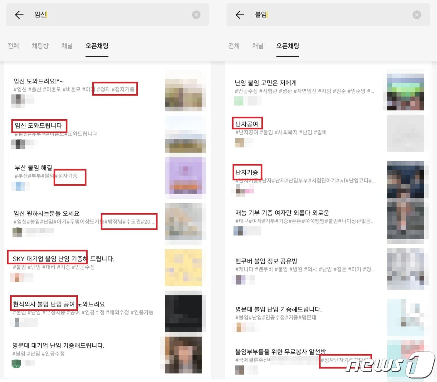 본문 이미지 - 카카오톡 오픈채팅에서 '임신', '불임', '난임' 등을 검색하자, 난자 공여, 자연 정자 기증 등 불법 행위를 유도하는 대화방을 쉽게 찾을 수 있다. (카카오톡 갈무리) ⓒ 뉴스1